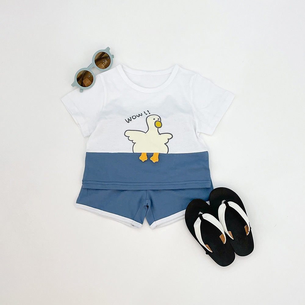 2 Pieces Set Baby Unisex Cartoon Print T-Shirts And Color-blocking Shorts Wholesale 230326415