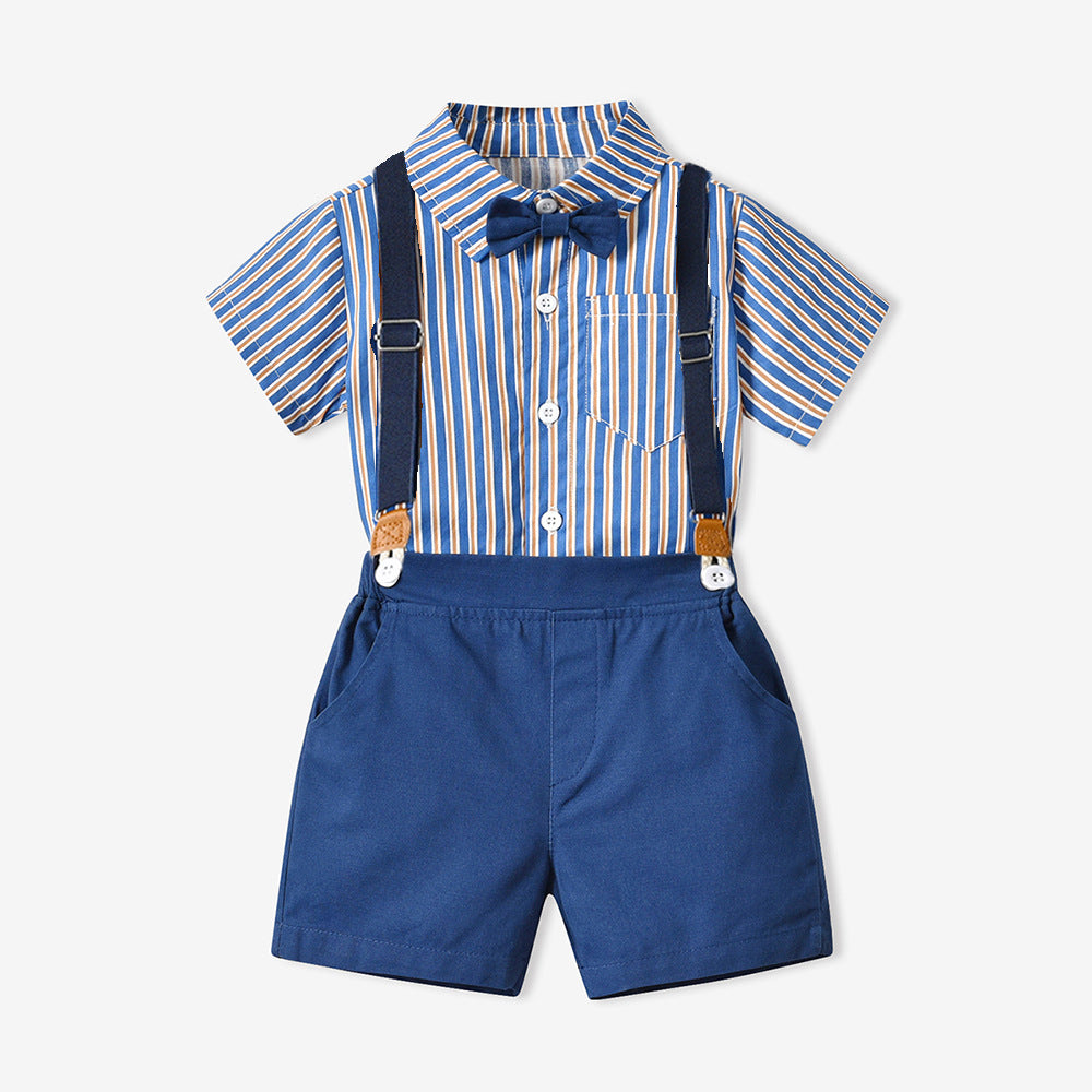 2 Pieces Set Baby Kid Boys Birthday Party Striped Bow Shirts And Solid Color Rompers Wholesale 230326449