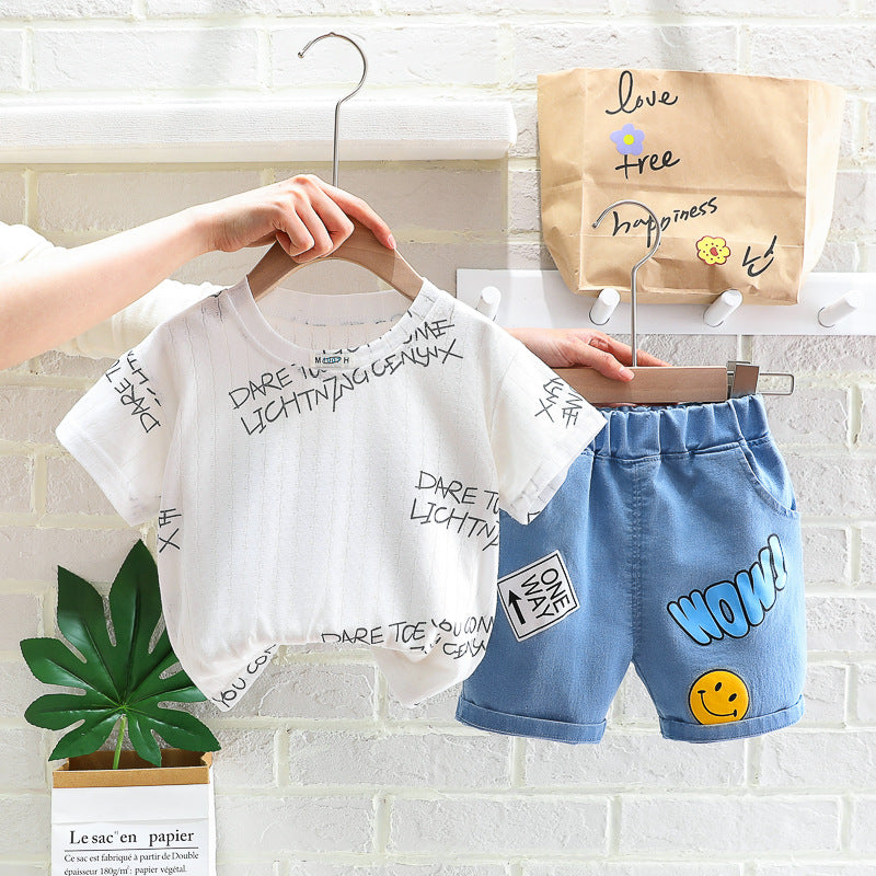 2 Pieces Set Baby Kid Boys Letters T-Shirts And Print Bow Shorts Wholesale 23032806