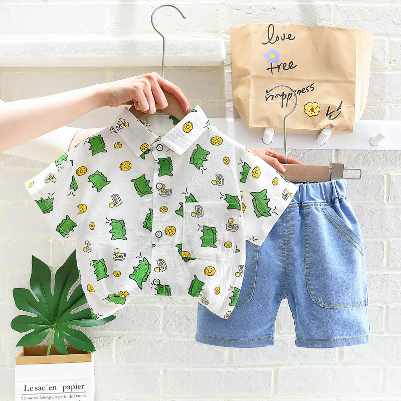 2 Pieces Set Baby Kid Boys Dinosaur Shirts And Solid Color Shorts Wholesale 23032809