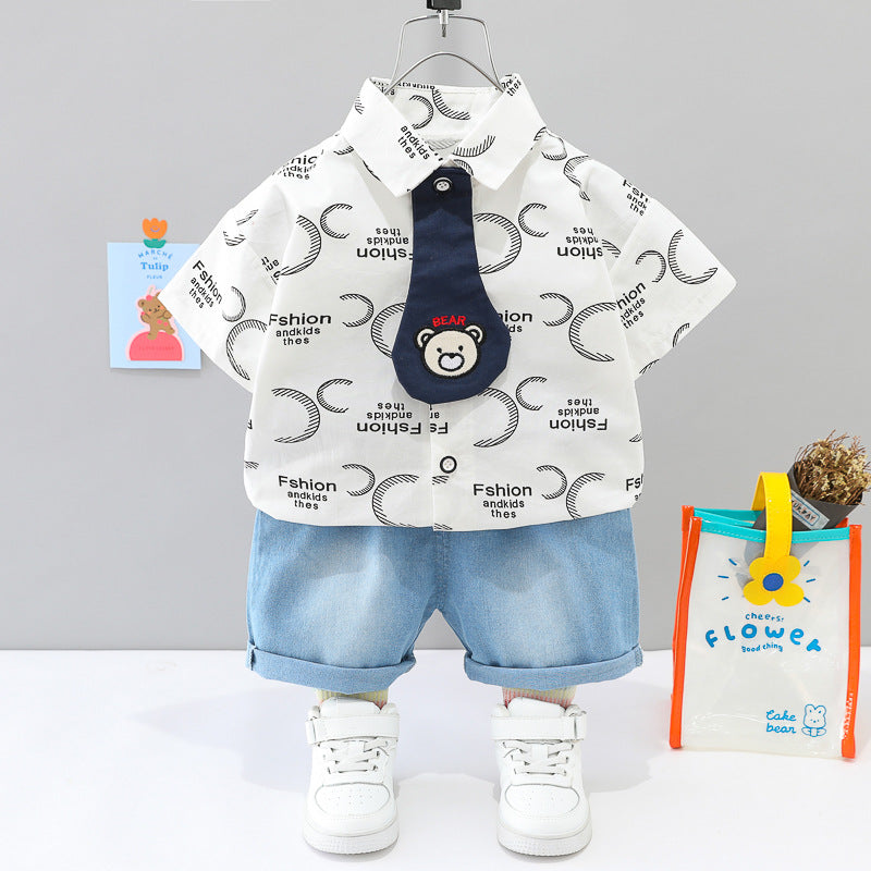 2 Pieces Set Baby Kid Boys Letters Cartoon Print Shirts And Solid Color Shorts Wholesale 23032811