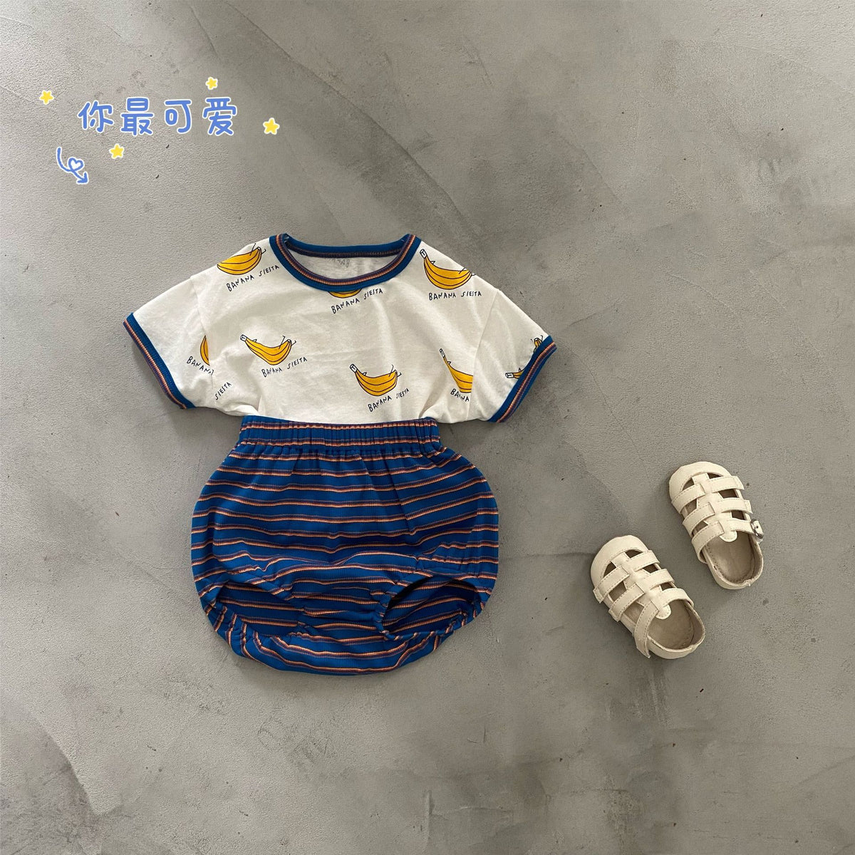 2 Pieces Set Baby Unisex Letters Fruit Print T-Shirts And Striped Shorts Wholesale 230328111