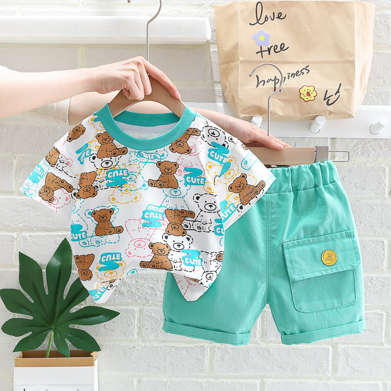 2 Pieces Set Baby Kid Unisex Cartoon Print T-Shirts And Solid Color Shorts Wholesale 23032814