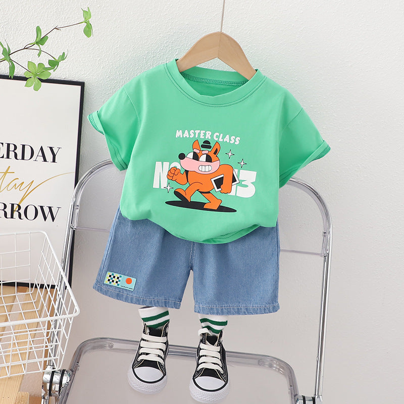 2 Pieces Set Baby Kid Boys Cartoon Print T-Shirts And Solid Color Shorts Wholesale 230328160