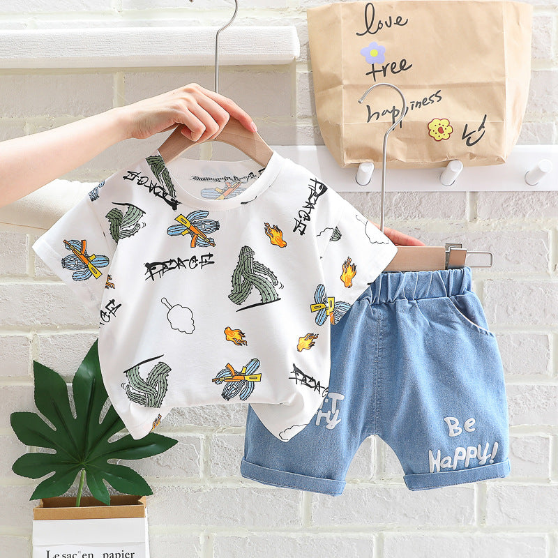 2 Pieces Set Baby Kid Boys Print T-Shirts And Letters Shorts Wholesale 23032817