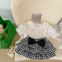 Load image into Gallery viewer, Baby Girls Solid Color Tops And Checked Bow Skirts Wholesale 230328170
