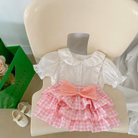 Load image into Gallery viewer, Baby Girls Solid Color Tops And Checked Bow Skirts Wholesale 230328170
