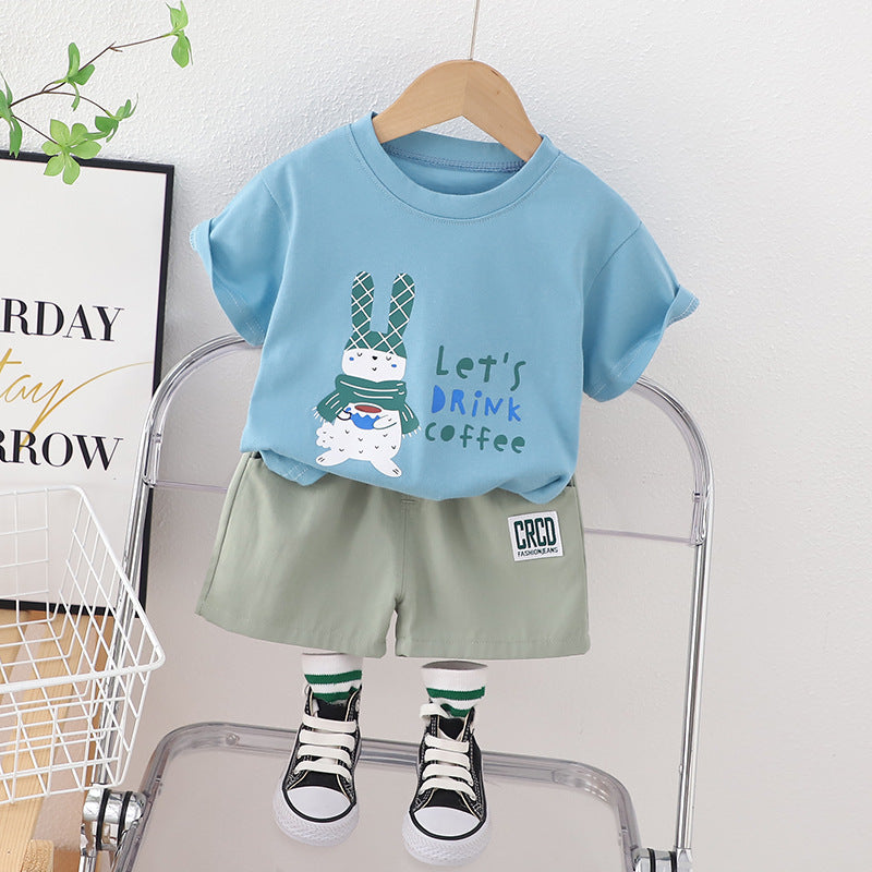 2 Pieces Set Baby Kid Boys Letters Rabbit Cartoon Print T-Shirts And Solid Color Shorts Wholesale 230328176