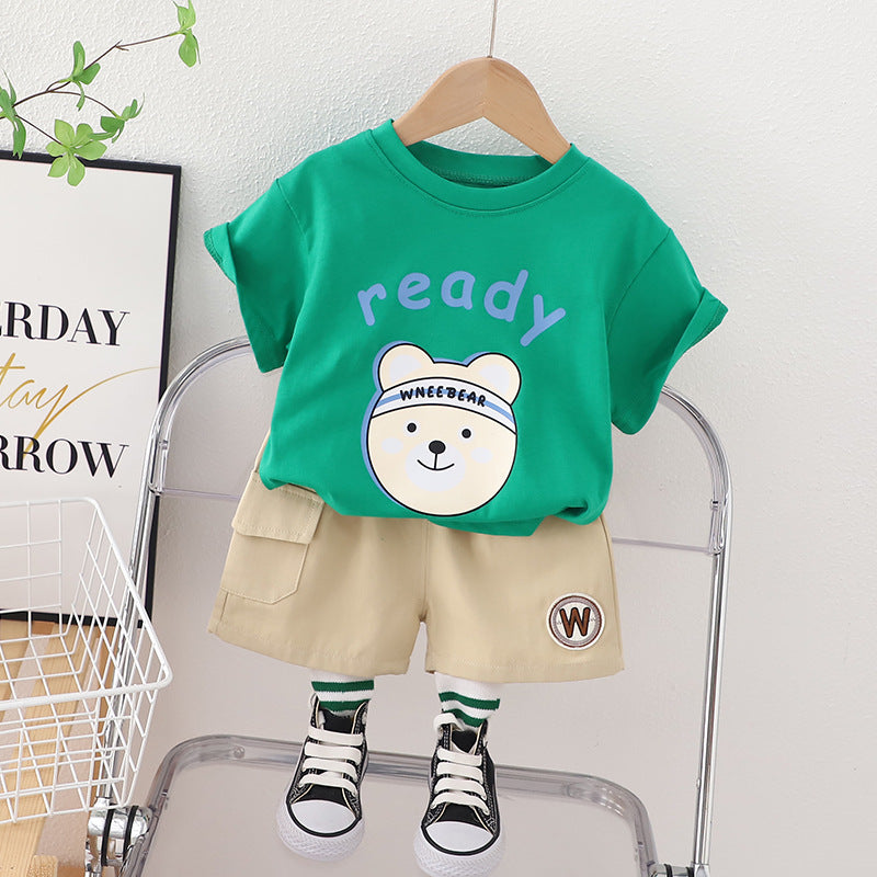 2 Pieces Set Baby Kid Boys Letters Cartoon Print T-Shirts And Solid Color Shorts Wholesale 230328177