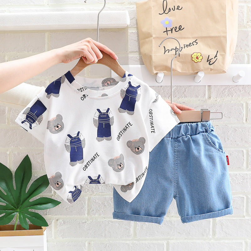 2 Pieces Set Baby Kid Boys Cartoon Print T-Shirts And Solid Color Shorts Wholesale 23032818