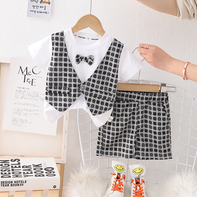 2 Pieces Set Baby Kid Boys Letters Color-blocking Bow Tops And Shorts Wholesale 230328189