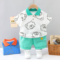 Load image into Gallery viewer, 2 Pieces Set Baby Kid Boys Cartoon Print Polo Shirts And Solid Color Shorts Wholesale 23032819
