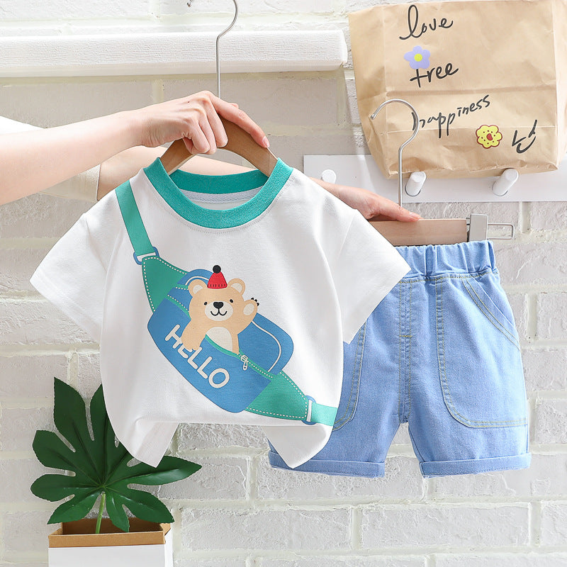 2 Pieces Set Baby Kid Boys Print T-Shirts And Solid Color Shorts Wholesale 23032820