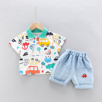Load image into Gallery viewer, 2 Pieces Set Baby Kid Boys Car Print Polo Shirts And Embroidered Shorts Wholesale 23032823
