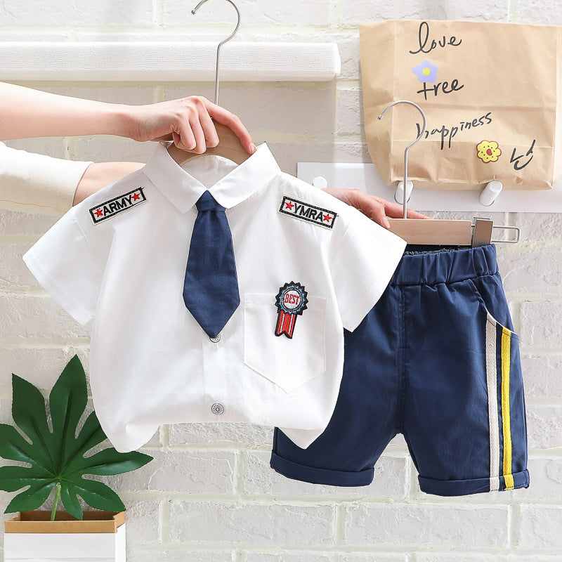 2 Pieces Set Baby Kid Boys Embroidered Shirts And Solid Color Shorts Wholesale 23032824