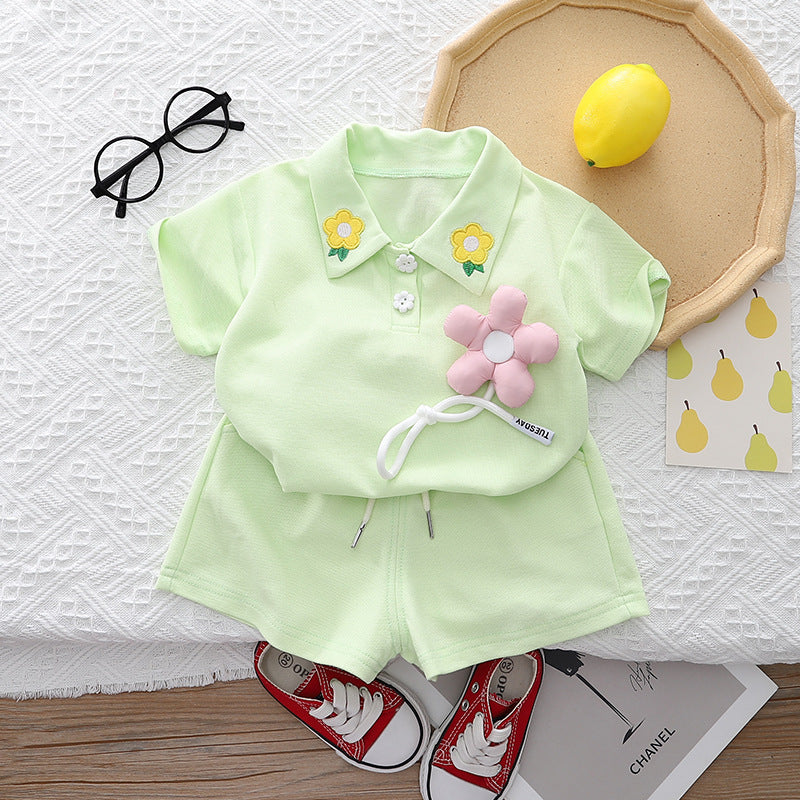 2 Pieces Set Baby Kid Girls Flower Polo Shirts And Solid Color Shorts Wholesale 230328248