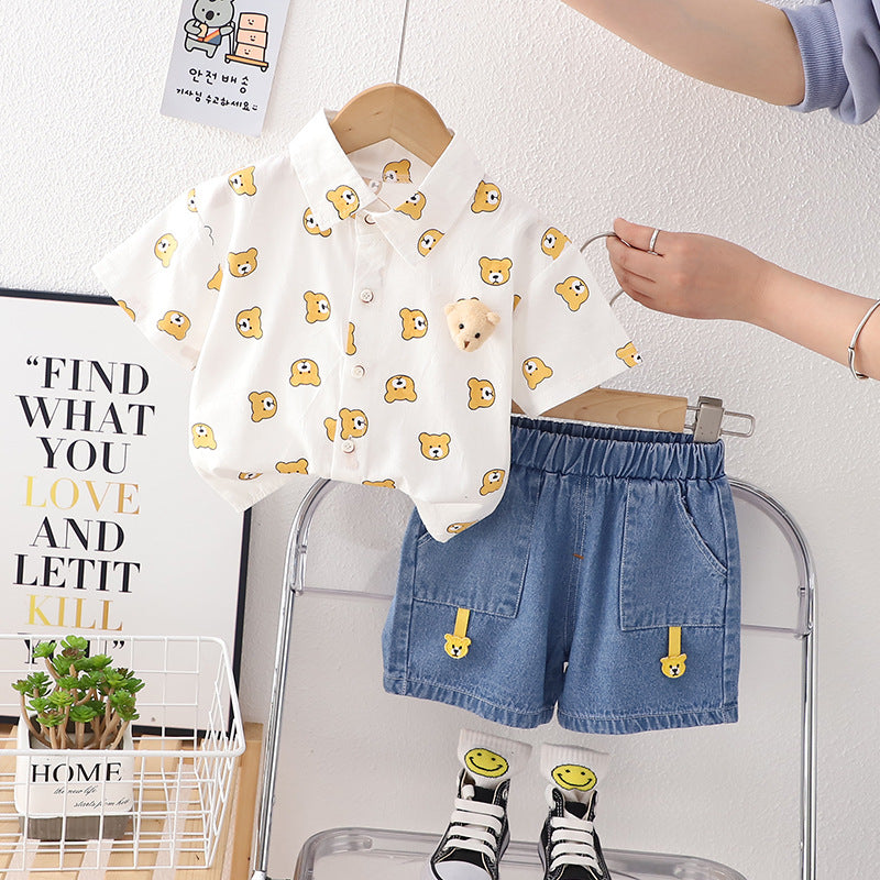 2 Pieces Set Baby Kid Boys Animals Cartoon Print Shirts And Solid Color Shorts Wholesale 230328264