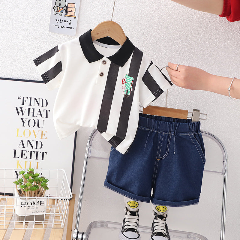 2 Pieces Set Baby Kid Boys Letters Cartoon Print T-Shirts And Solid Color Shorts Wholesale 230328265