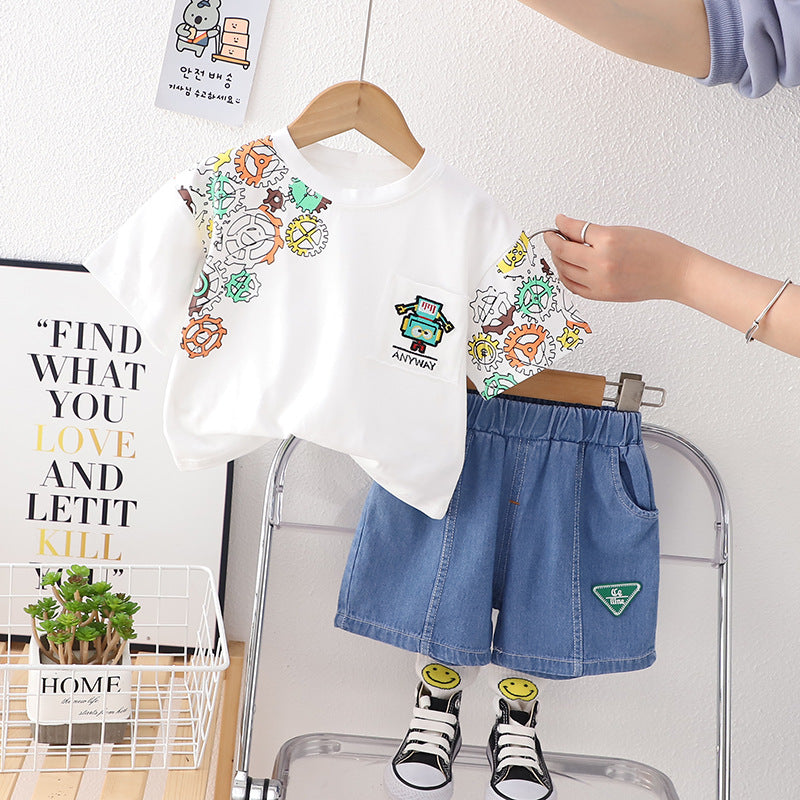 2 Pieces Set Baby Kid Boys Cartoon Embroidered Print T-Shirts And Solid Color Shorts Wholesale 230328266