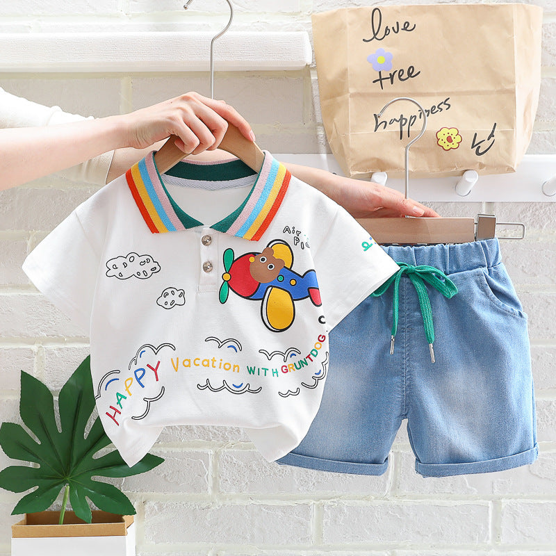 2 Pieces Set Baby Kid Boys Letters Cartoon Print T-Shirts And Solid Color Shorts Wholesale 23032827