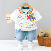 Load image into Gallery viewer, 2 Pieces Set Baby Kid Boys Letters Cartoon Print T-Shirts And Solid Color Shorts Wholesale 23032827

