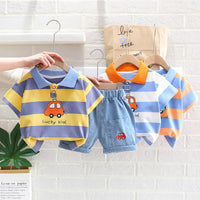 Load image into Gallery viewer, 2 Pieces Set Baby Kid Boys Striped Car Print T-Shirts And Embroidered Shorts Wholesale 23032828
