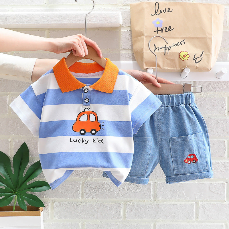 2 Pieces Set Baby Kid Boys Striped Car Print T-Shirts And Embroidered Shorts Wholesale 23032828