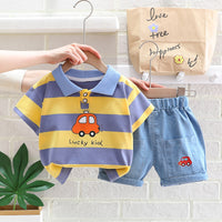 Load image into Gallery viewer, 2 Pieces Set Baby Kid Boys Striped Car Print T-Shirts And Embroidered Shorts Wholesale 23032828
