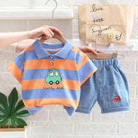 Load image into Gallery viewer, 2 Pieces Set Baby Kid Boys Striped Car Print T-Shirts And Embroidered Shorts Wholesale 23032828
