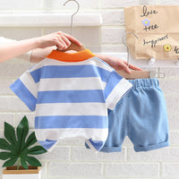 Load image into Gallery viewer, 2 Pieces Set Baby Kid Boys Striped Car Print T-Shirts And Embroidered Shorts Wholesale 23032828
