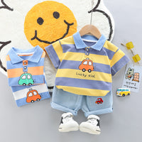 Load image into Gallery viewer, 2 Pieces Set Baby Kid Boys Striped Car Print T-Shirts And Embroidered Shorts Wholesale 23032828
