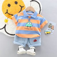 Load image into Gallery viewer, 2 Pieces Set Baby Kid Boys Striped Car Print T-Shirts And Embroidered Shorts Wholesale 23032828
