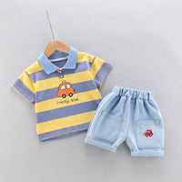 Load image into Gallery viewer, 2 Pieces Set Baby Kid Boys Striped Car Print T-Shirts And Embroidered Shorts Wholesale 23032828
