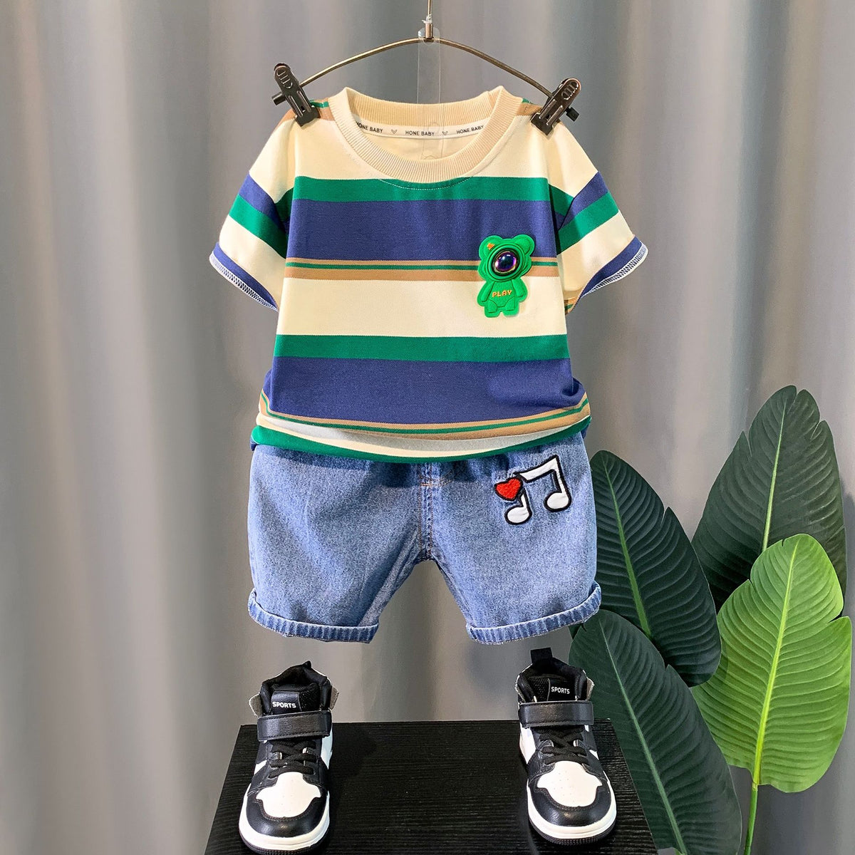 2 Pieces Set Baby Kid Boys Striped Letters Cartoon T-Shirts And Embroidered Shorts Wholesale 230328290