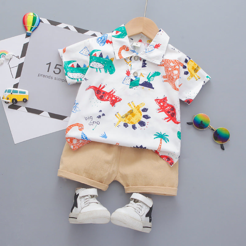 2 Pieces Set Baby Kid Boys Dinosaur Print Polo Shirts And Solid Color Shorts Wholesale 230328292