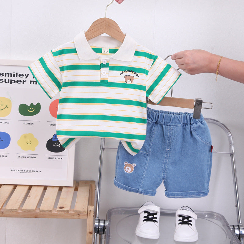 2 Pieces Set Baby Kid Boys Striped Polo Shirts And Cartoon Shorts Wholesale 230328293