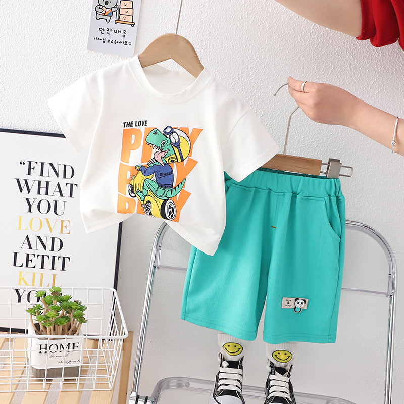 2 Pieces Set Baby Kid Boys Dinosaur Print T-Shirts And Solid Color Shorts Wholesale 230328301