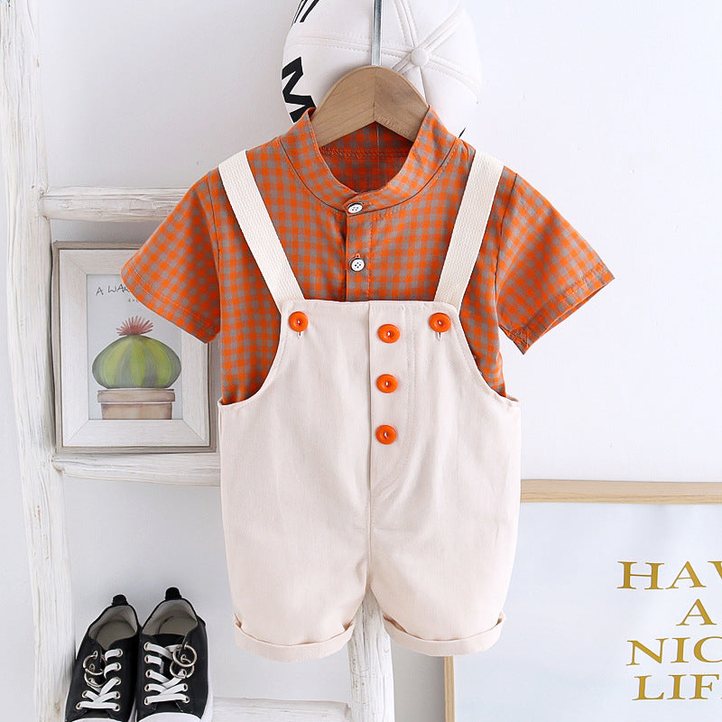 2 Pieces Set Baby Kid Boys Checked Shirts And Solid Color Rompers Wholesale 230328309