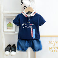 Load image into Gallery viewer, 2 Pieces Set Baby Kid Girls Letters Cartoon Print Polo Shirts And Solid Color Shorts Wholesale 230328317
