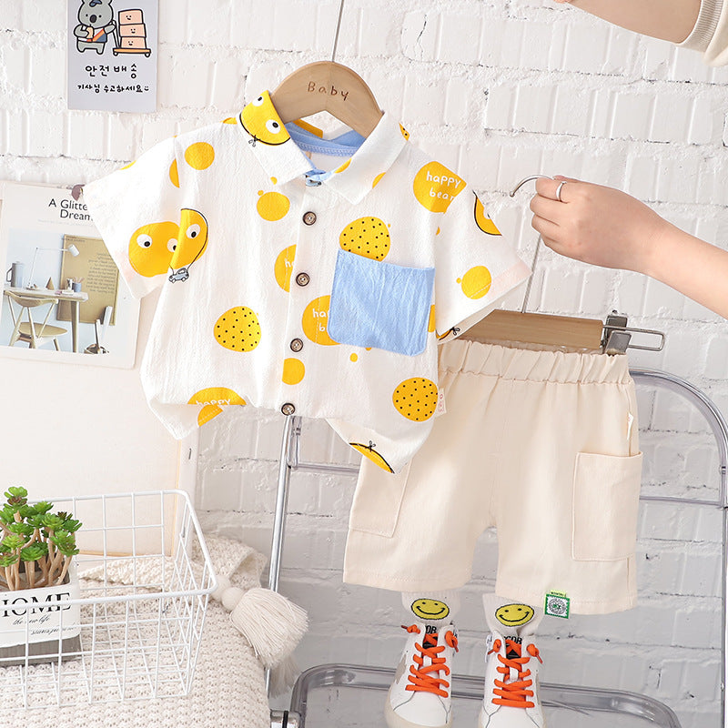 2 Pieces Set Baby Kid Boys Cartoon Print Shirts And Solid Color Shorts Wholesale 230328319