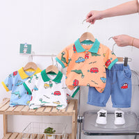 Load image into Gallery viewer, 2 Pieces Set Baby Kid Boys Dinosaur Print Polo Shirts And Car Shorts Wholesale 230328322
