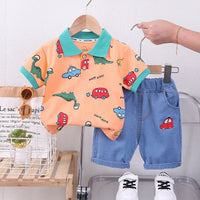 Load image into Gallery viewer, 2 Pieces Set Baby Kid Boys Dinosaur Print Polo Shirts And Car Shorts Wholesale 230328322
