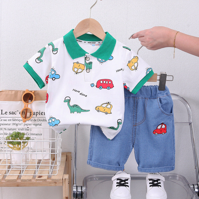 2 Pieces Set Baby Kid Boys Dinosaur Print Polo Shirts And Car Shorts Wholesale 230328322