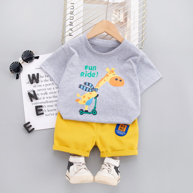 2 Pieces Set Baby Kid Boys Animals Cartoon Print T-Shirts And Solid Color Shorts Wholesale 230328337