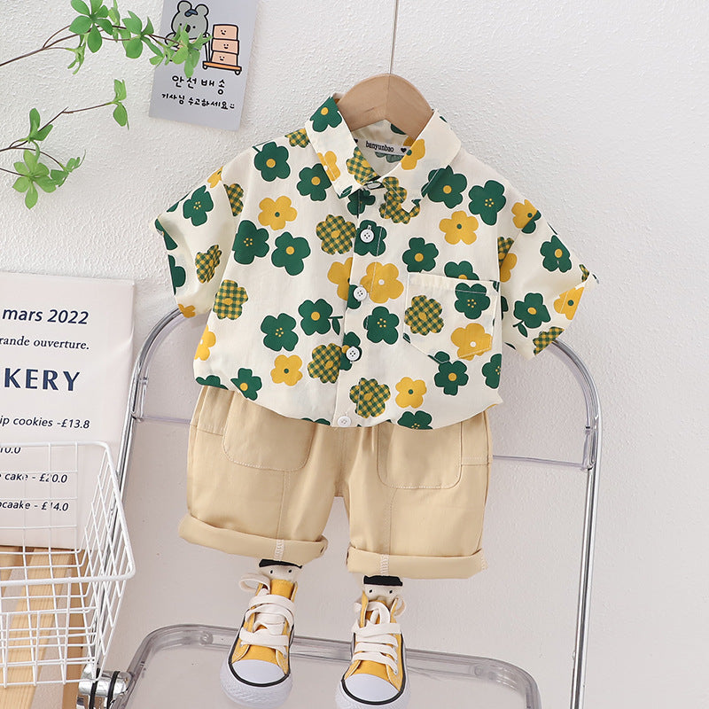 2 Pieces Set Baby Kid Boys Flower Print Shirts And Solid Color Shorts Wholesale 230328346