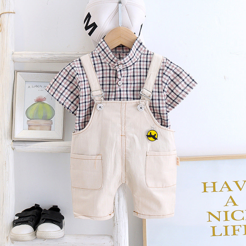 2 Pieces Set Baby Kid Boys Checked Shirts And Solid Color Rompers Wholesale 230328349