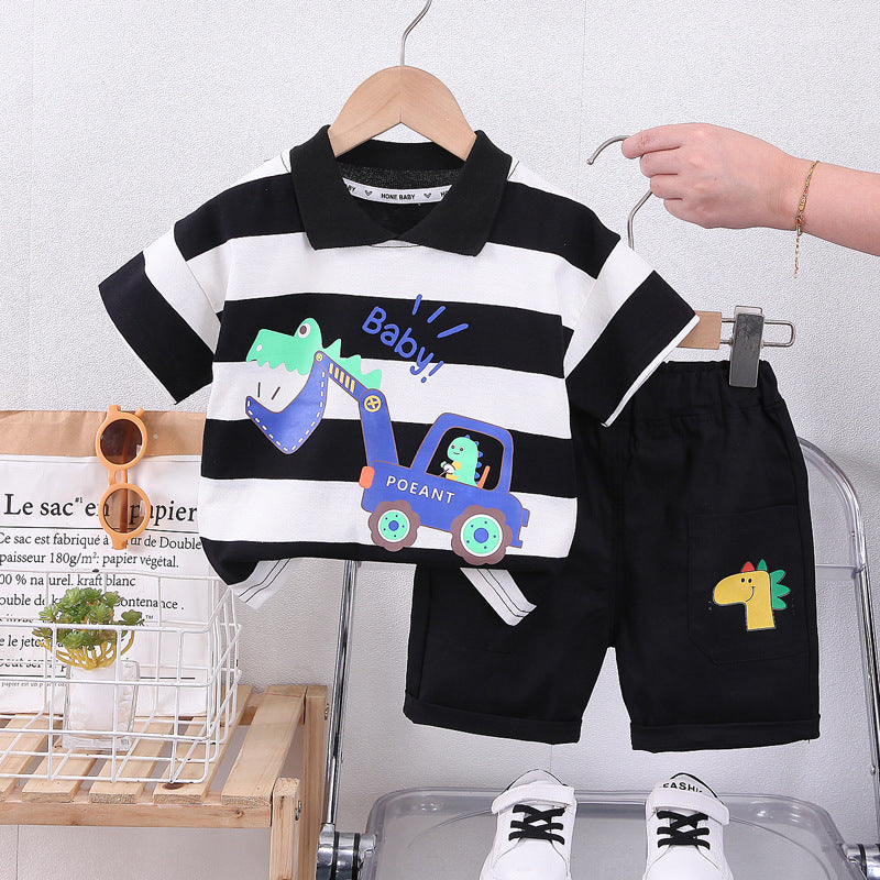 2 Pieces Set Baby Kid Boys Striped Letters Cartoon Print Tops And Shorts Wholesale 230328362