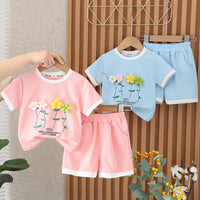 Load image into Gallery viewer, 2 Pieces Set Baby Kid Girls Color-blocking Flower Print T-Shirts And Shorts Wholesale 230328390
