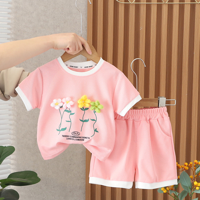 2 Pieces Set Baby Kid Girls Color-blocking Flower Print T-Shirts And Shorts Wholesale 230328390