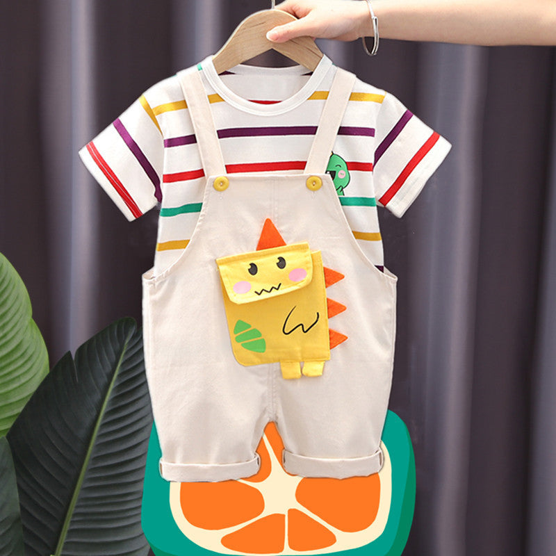 2 Pieces Set Baby Kid Unisex Striped Cartoon Print T-Shirts And Jumpsuits Wholesale 230328392